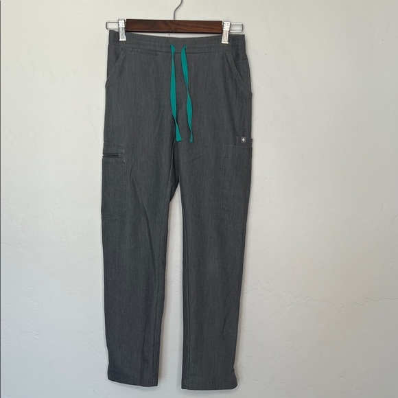 Figs Yola High Waisted Skinny Scrub Pants Gray Turquoise Drawstring XXS Petite - Picture 1 of 6